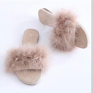 Amélie Home Fashion Slide Slippers Furry Turkey Feather Open Toe Taupe Size 7